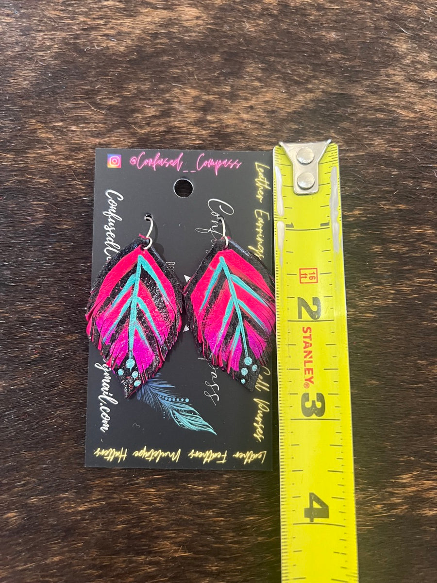 Hand Painted Leather Feather Earrings