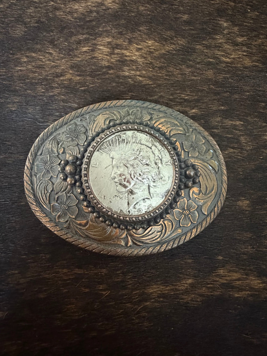 Vintage 1925 Peace Silver Dollar Coin Western Belt Buckle     JL11121