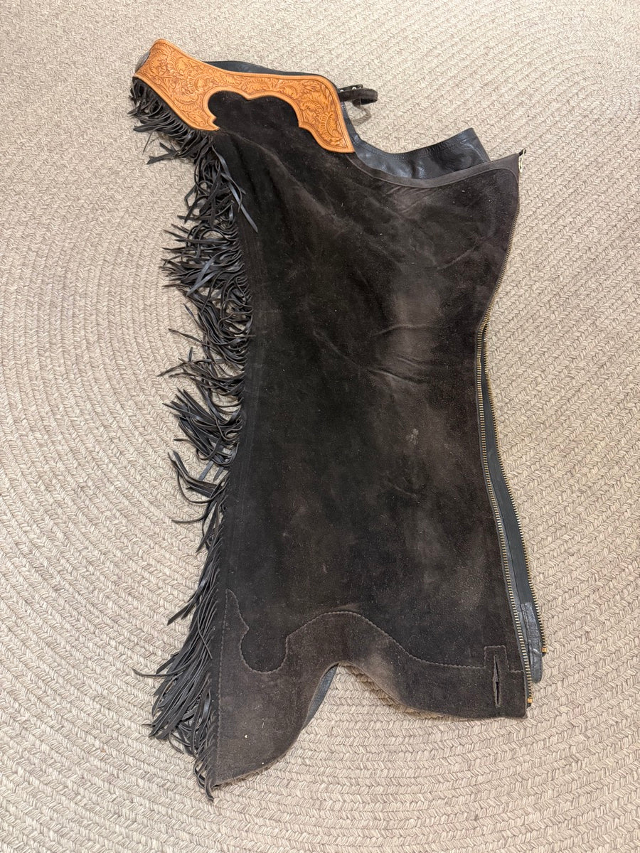 Wood’s Western Black Suede Leather Fringe Show Chaps    CH1122