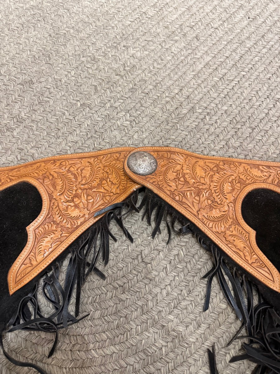 Wood’s Western Black Suede Leather Fringe Show Chaps    CH1122