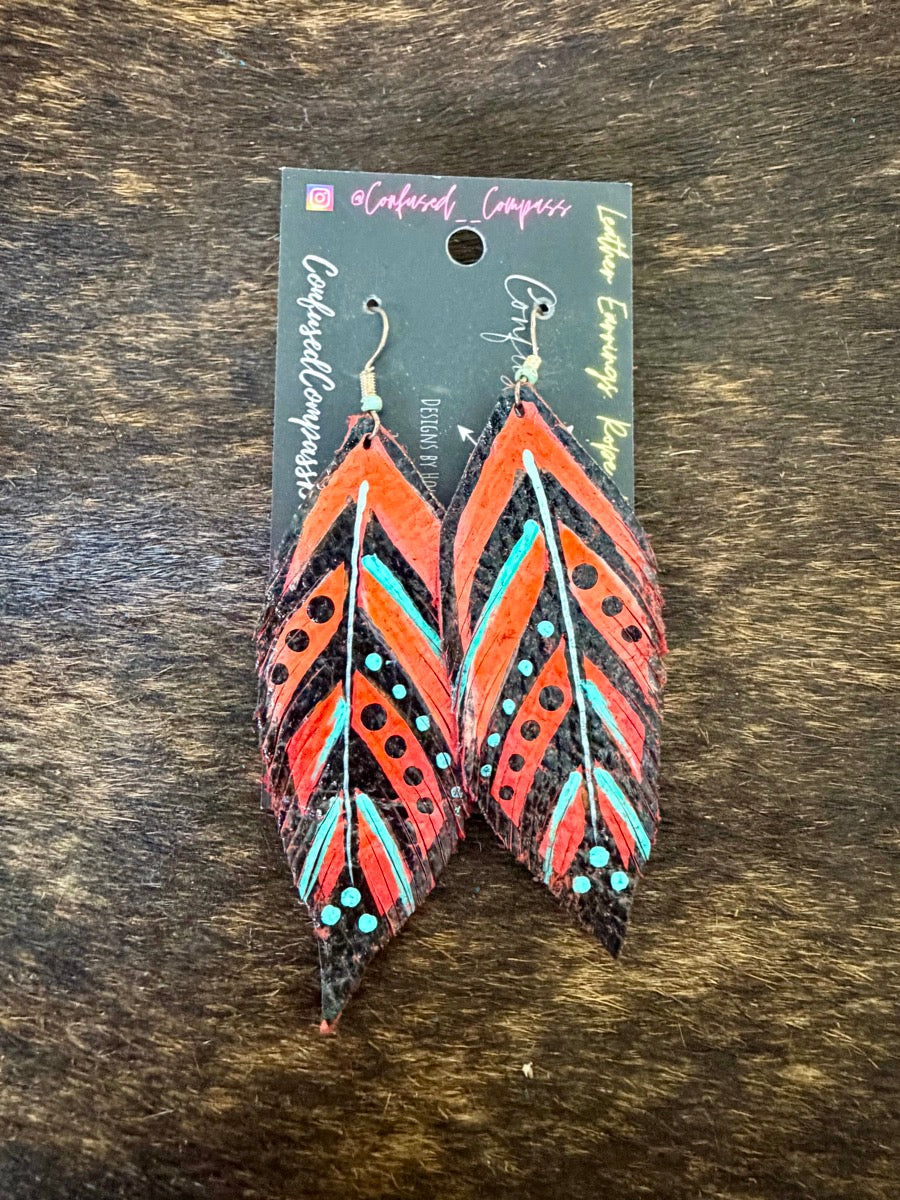 Hand Painted Leather Feather Earrings          CC1111