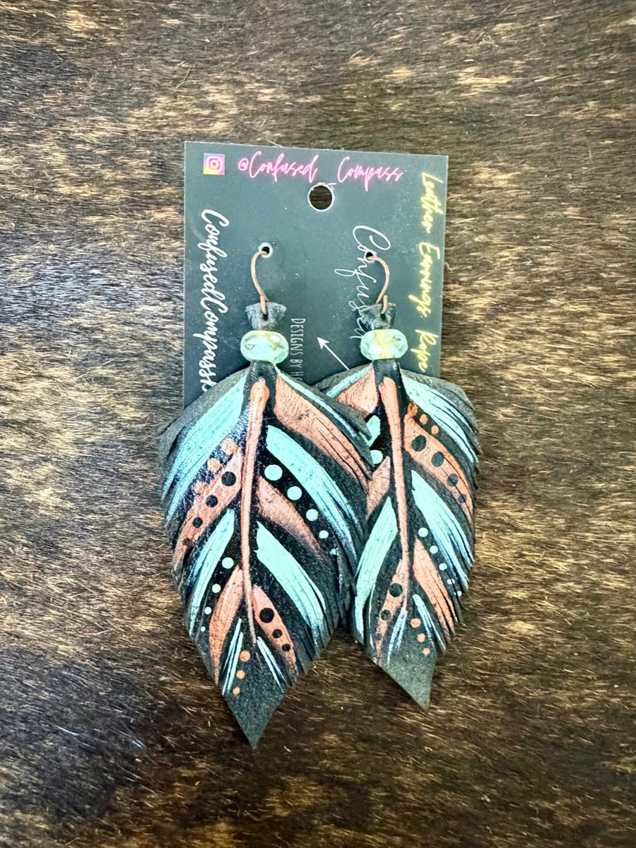 Hand Painted Leather Feather Earrings          CC1111