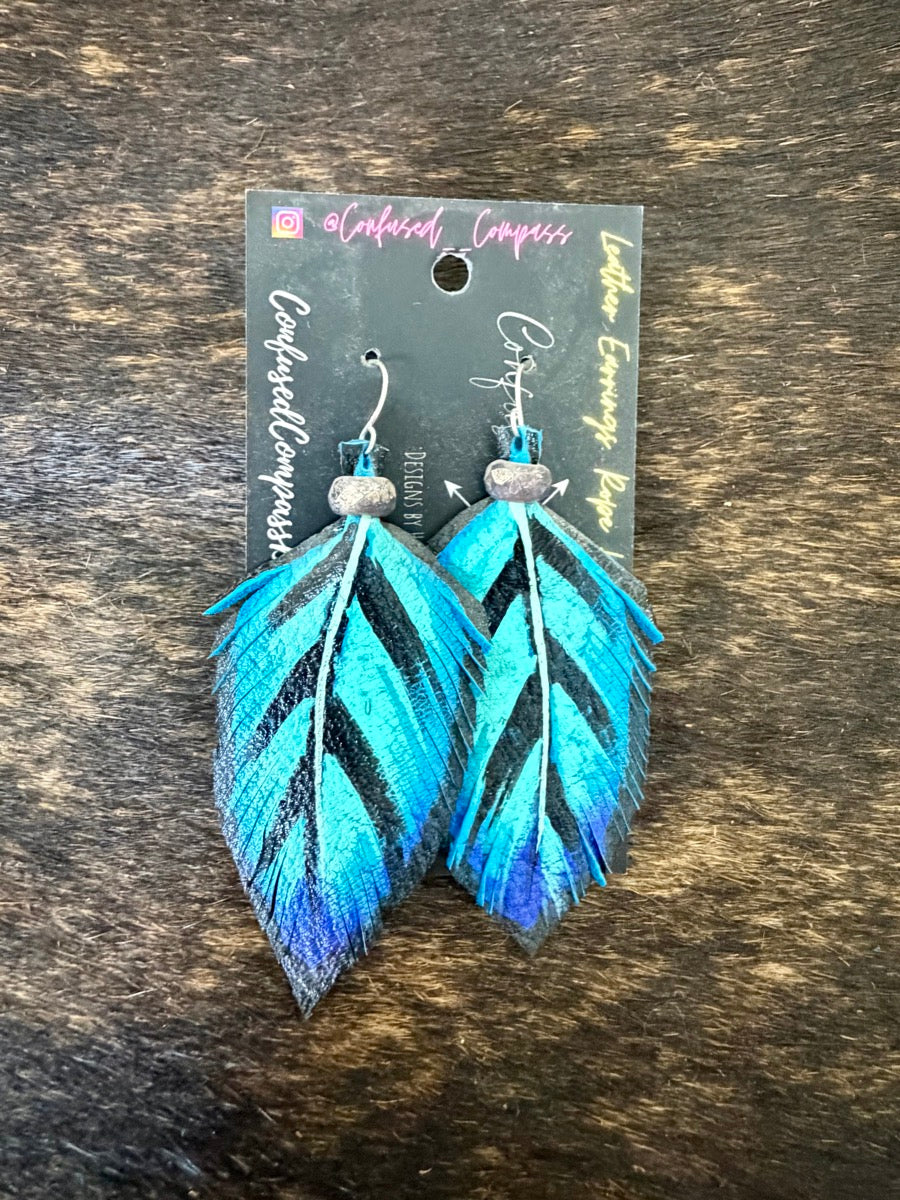 Hand Painted Leather Feather Earrings          CC1111