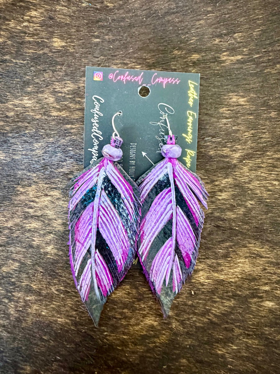 Hand Painted Leather Feather Earrings          CC1111