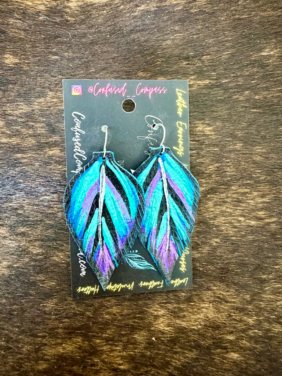 Hand Painted Leather Feather Earrings          CC1111