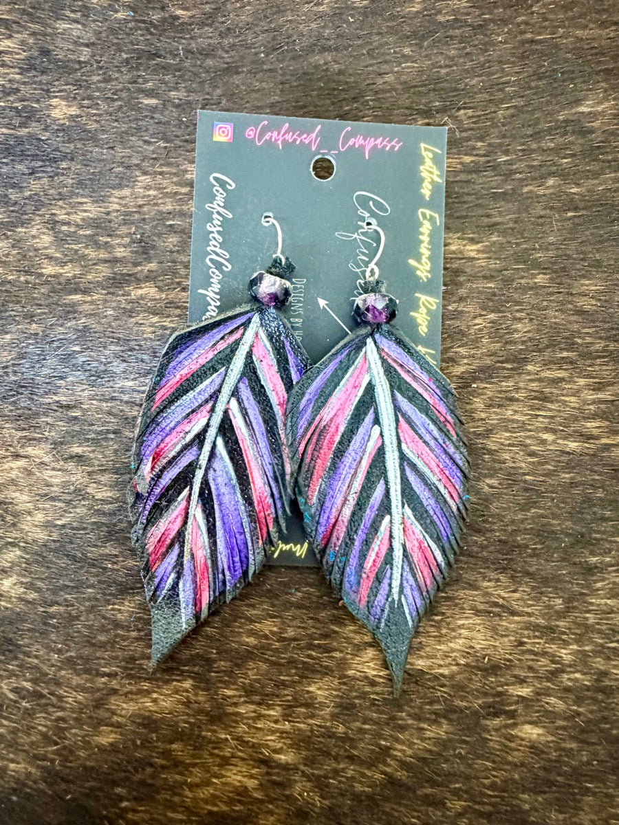 Hand Painted Leather Feather Earrings          CC1111