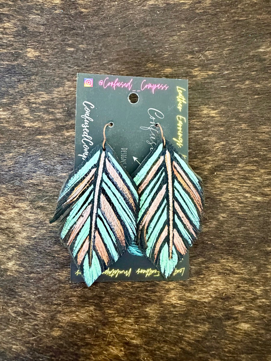 Hand Painted Leather Feather Earrings          CC1111