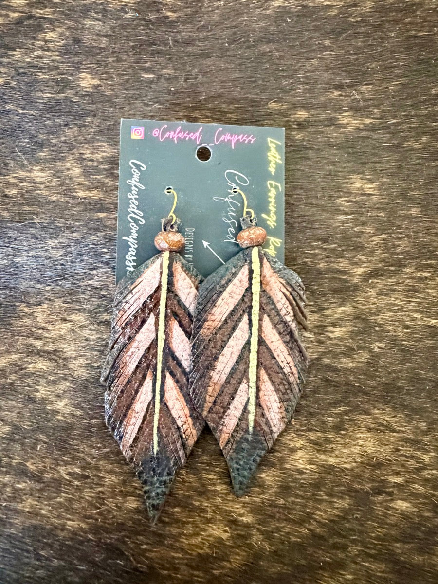 Hand Painted Leather Feather Earrings          CC1111