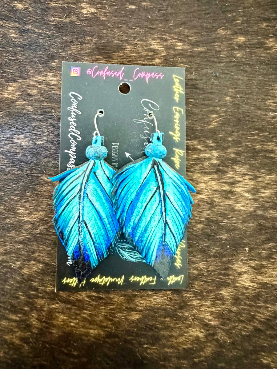 Hand Painted Leather Feather Earrings          CC1111