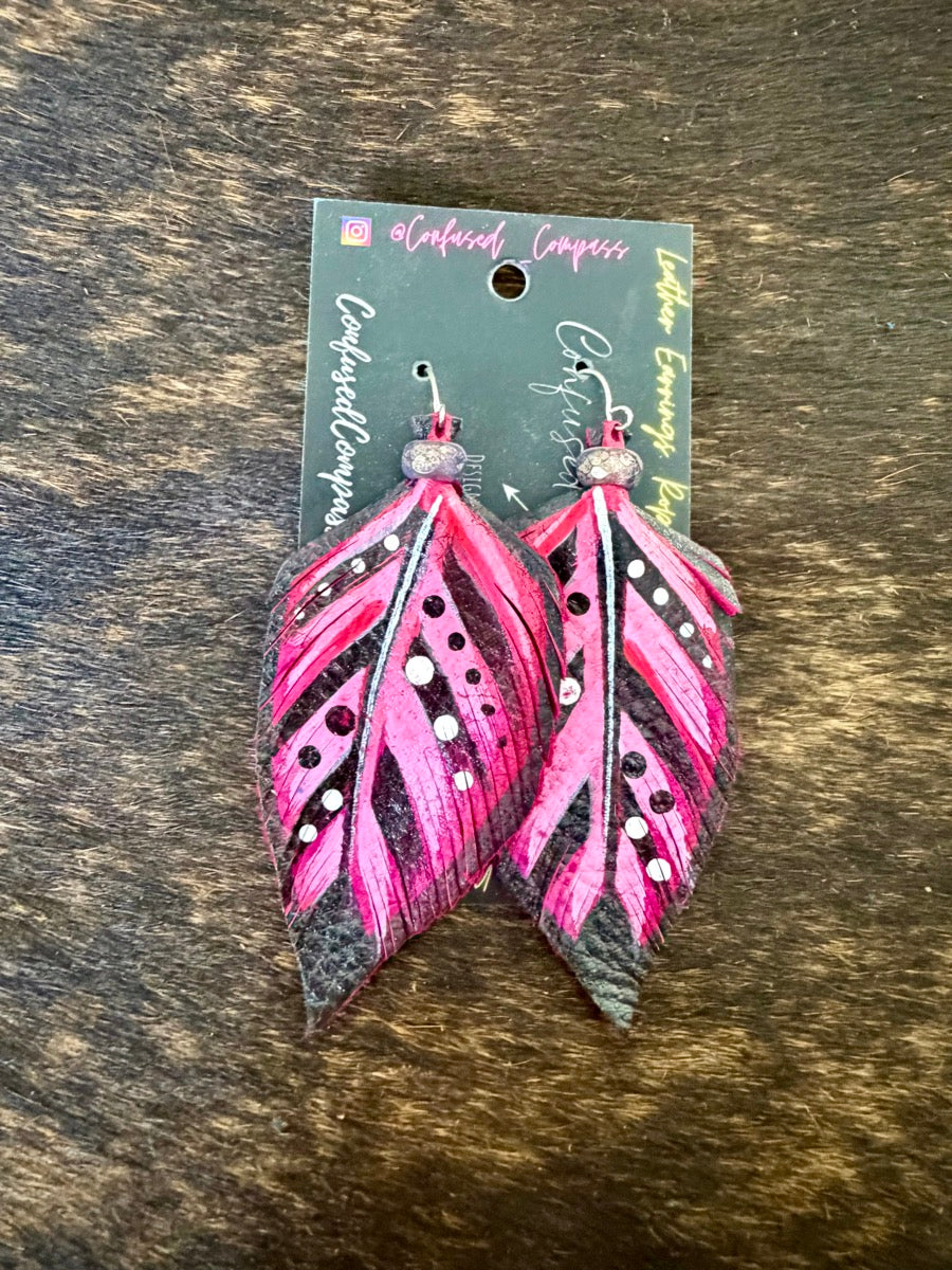 Hand Painted Leather Feather Earrings          CC1111