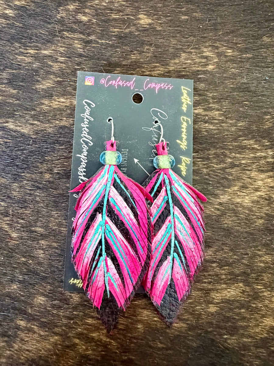 Hand Painted Leather Feather Earrings          CC1111