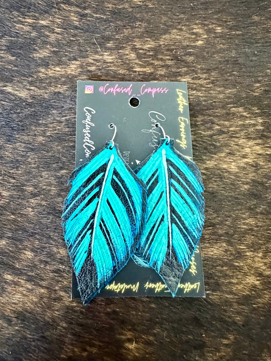 Hand Painted Leather Feather Earrings          CC1111