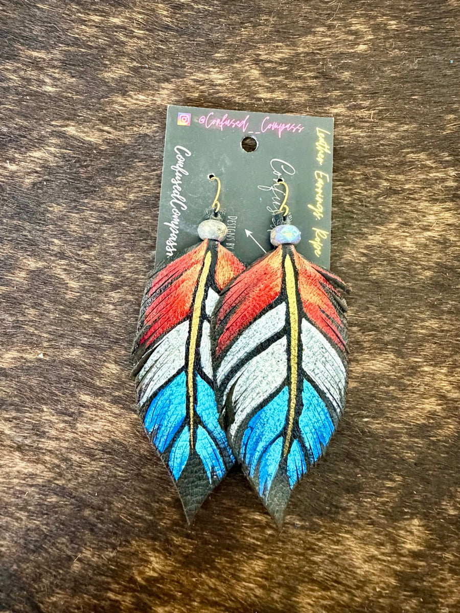 Red, White, Blue Hand Painted Leather Feather Earrings          CC1112