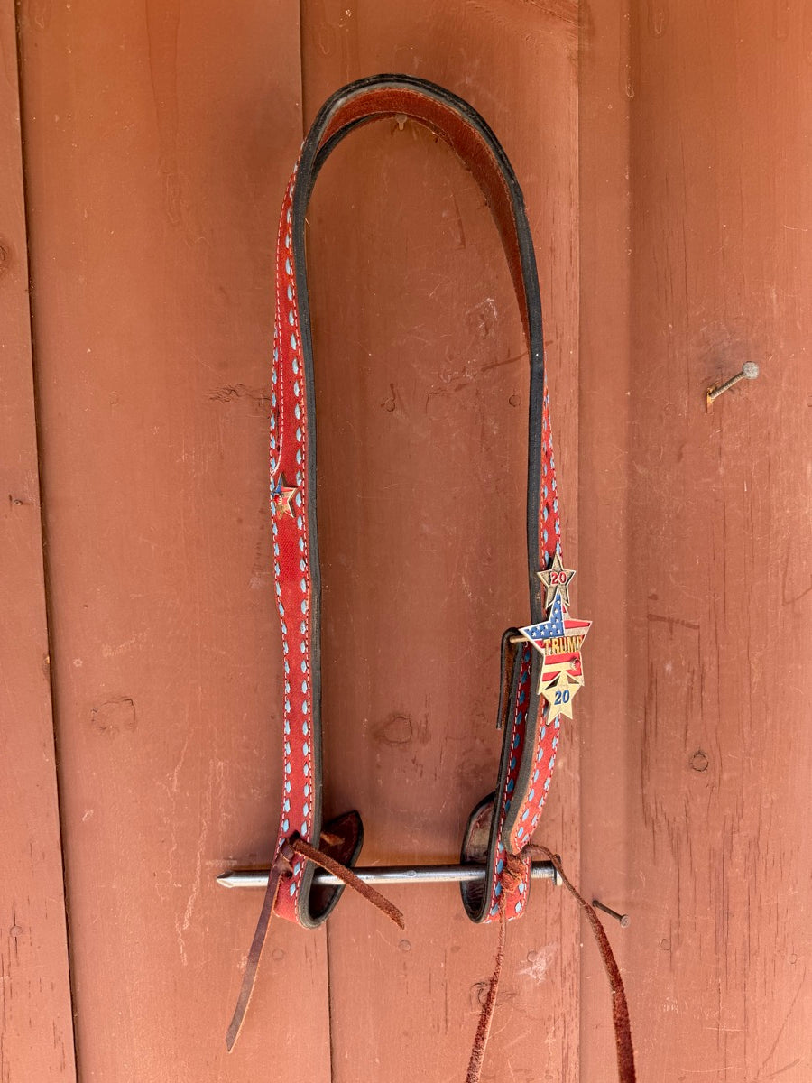 Red Leather Slit Ear Headstall With Trump Concho and Buckles    HS1202