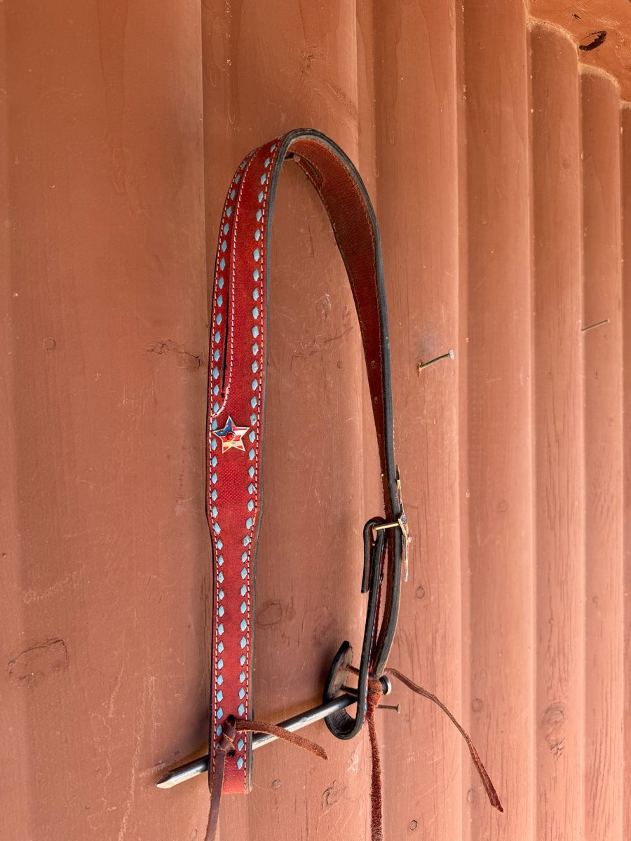 Red Leather Slit Ear Headstall With Trump Concho and Buckles    HS1202