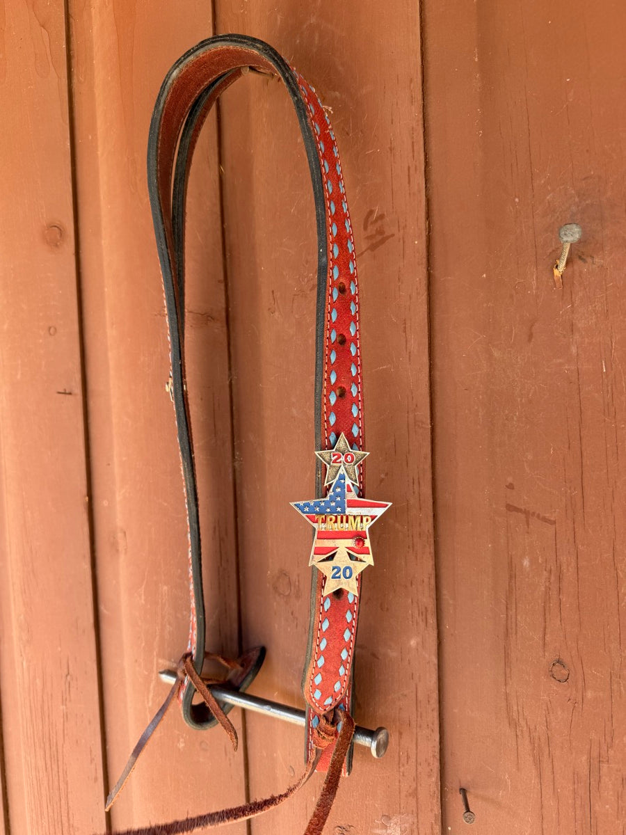Red Leather Slit Ear Headstall With Trump Concho and Buckles    HS1202
