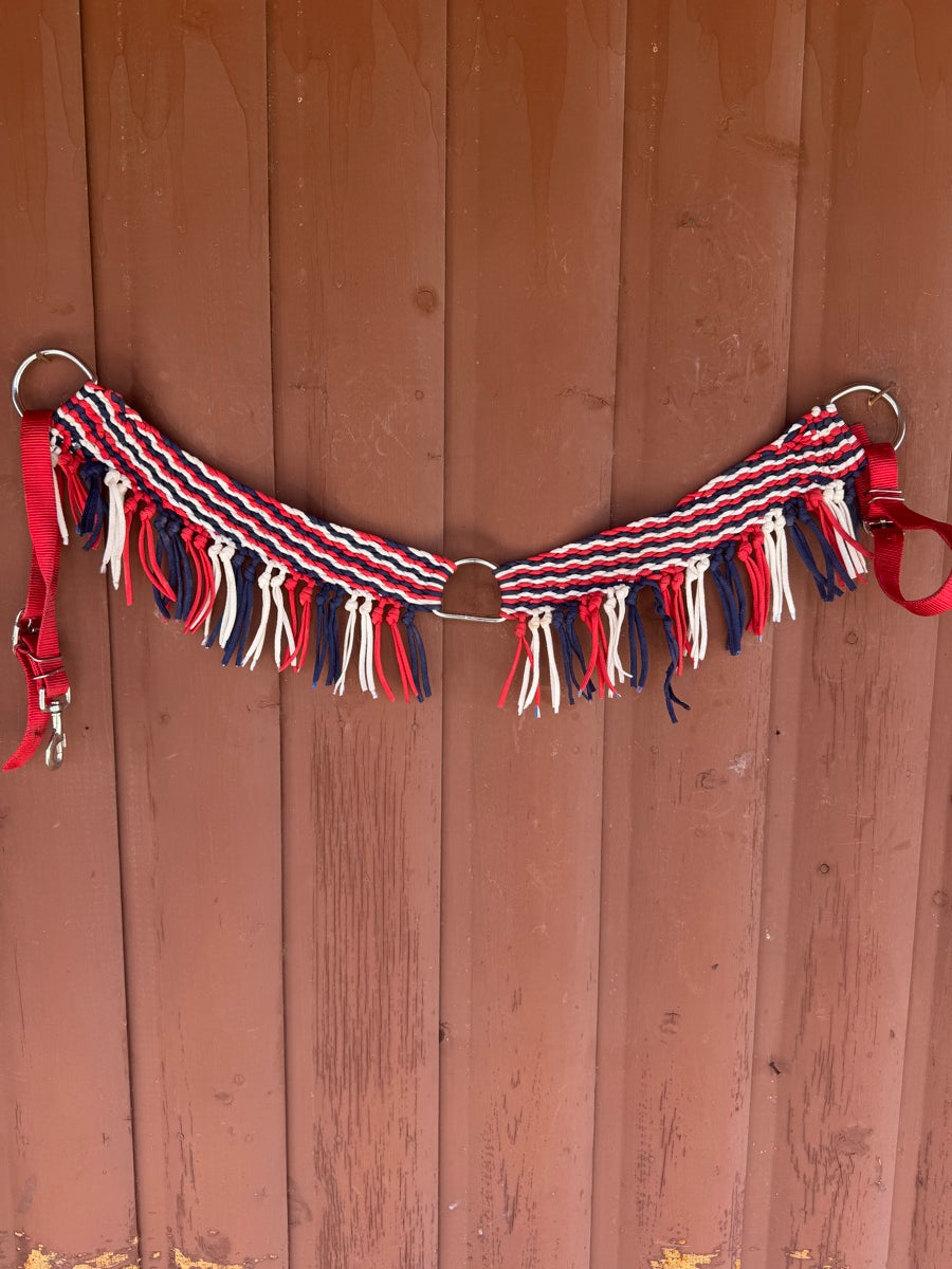 Mustang Nylon Braided Breast Collar with Fringe Red White Blue    BCL1154