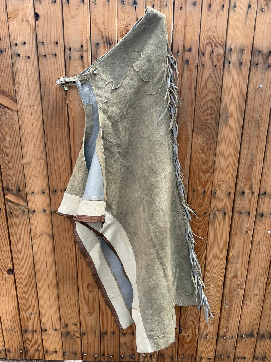 Sage Green Leather Lined Roughout Shotgun Chaps    CH1129