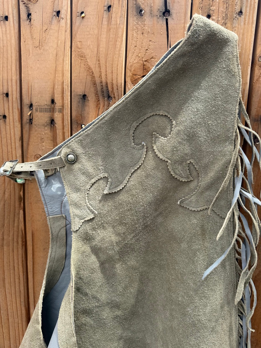 Sage Green Leather Lined Roughout Shotgun Chaps    CH1129