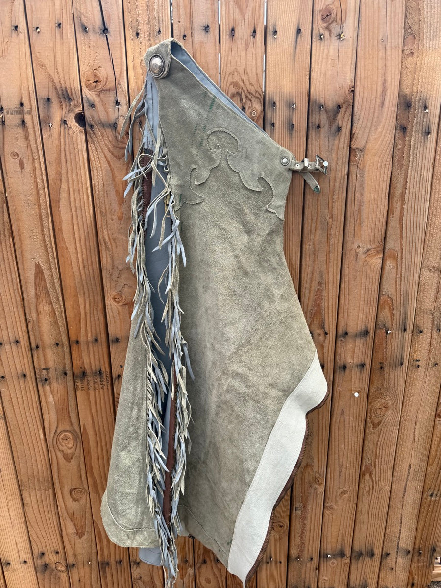 Sage Green Leather Lined Roughout Shotgun Chaps    CH1129