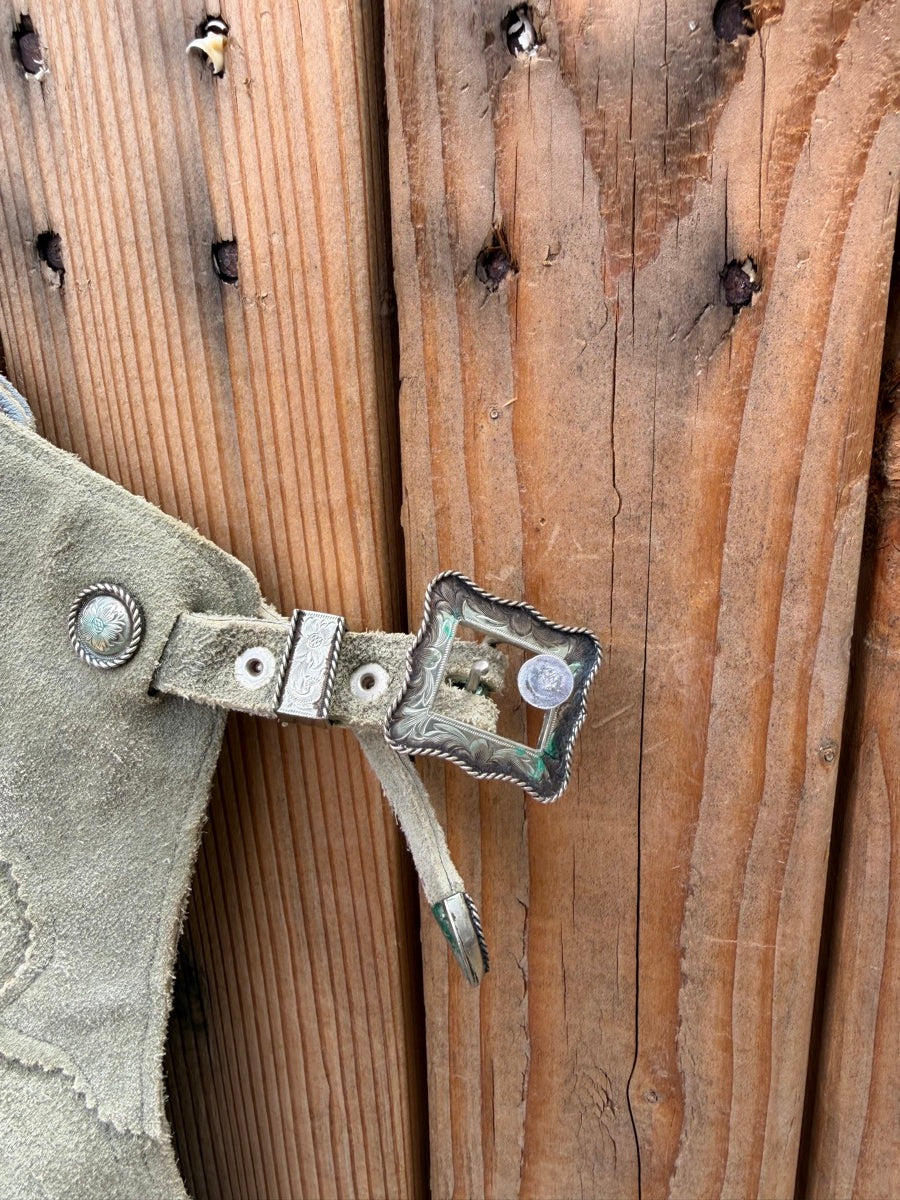 Sage Green Leather Lined Roughout Shotgun Chaps    CH1129