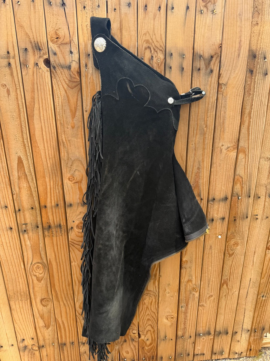 Black Fringed Leathe Roughout Shotgun Chaps    CH1130
