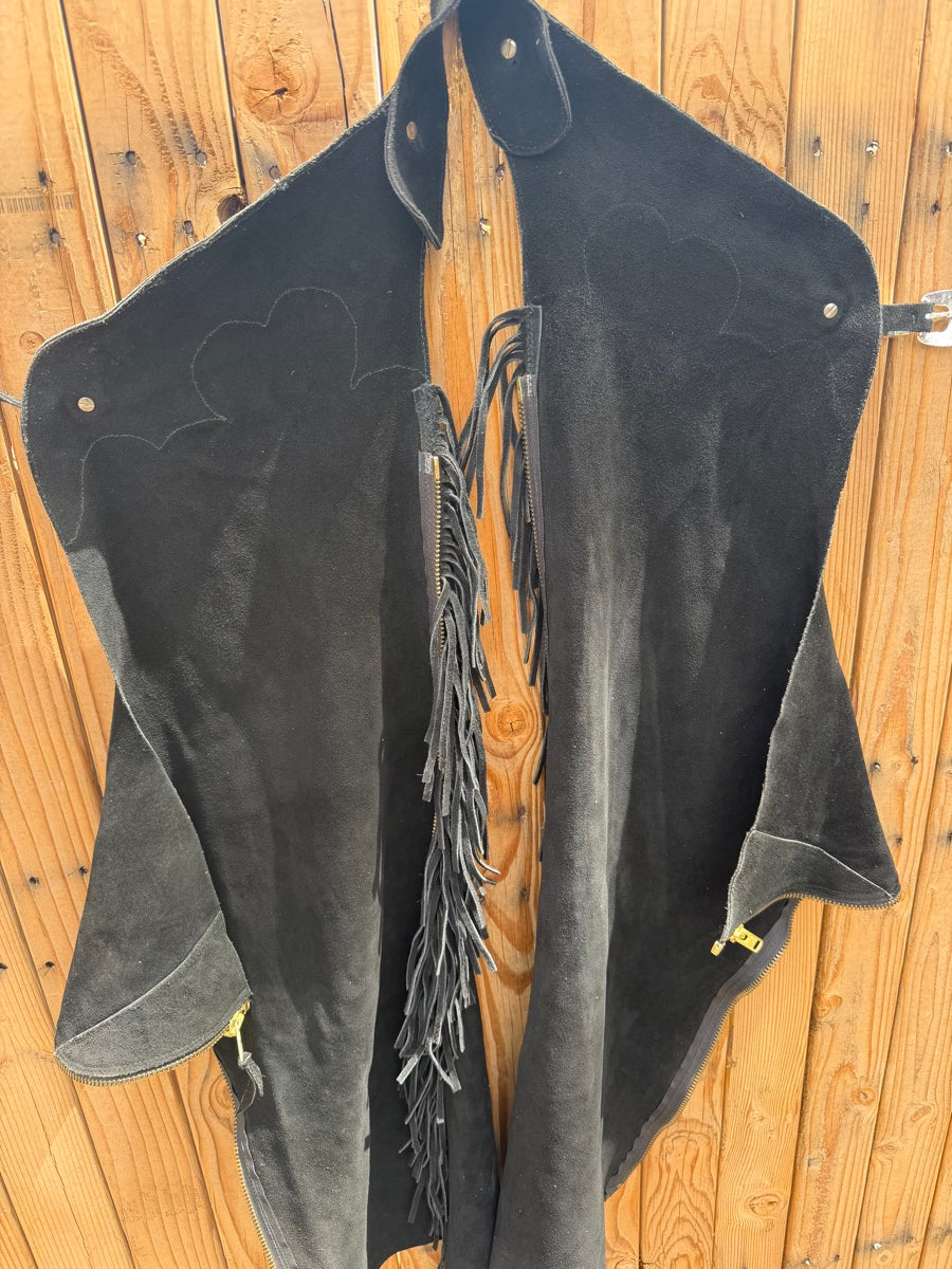 Black Fringed Leathe Roughout Shotgun Chaps    CH1130