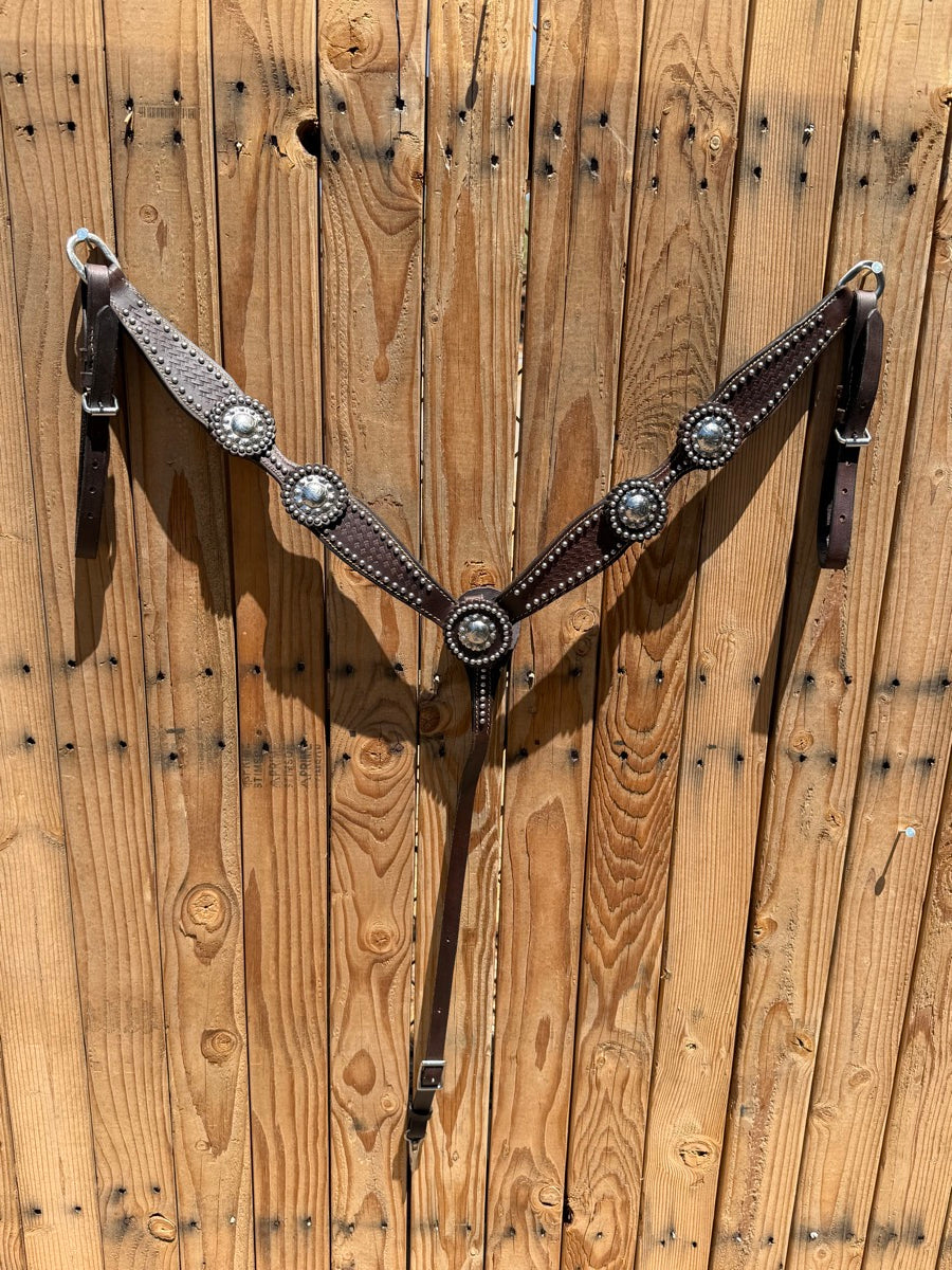 Dark Oil Shaped Breast Collar with Silver Spots and Leather Conchos     BCL1160