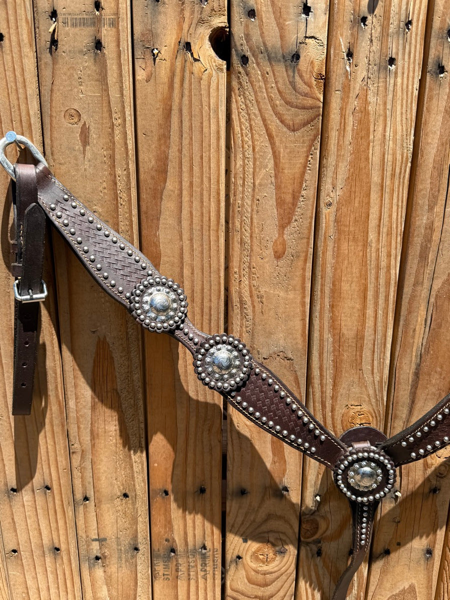 Dark Oil Shaped Breast Collar with Silver Spots and Leather Conchos     BCL1160