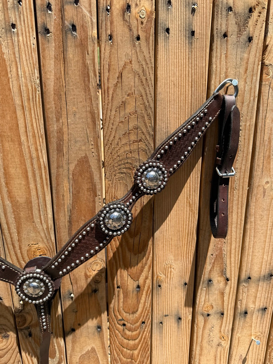 Dark Oil Shaped Breast Collar with Silver Spots and Leather Conchos     BCL1160