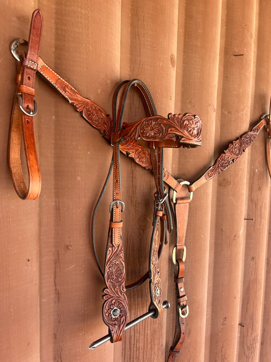 Carved Tooled Leather Breast Collar and Headstall Set BCH1111