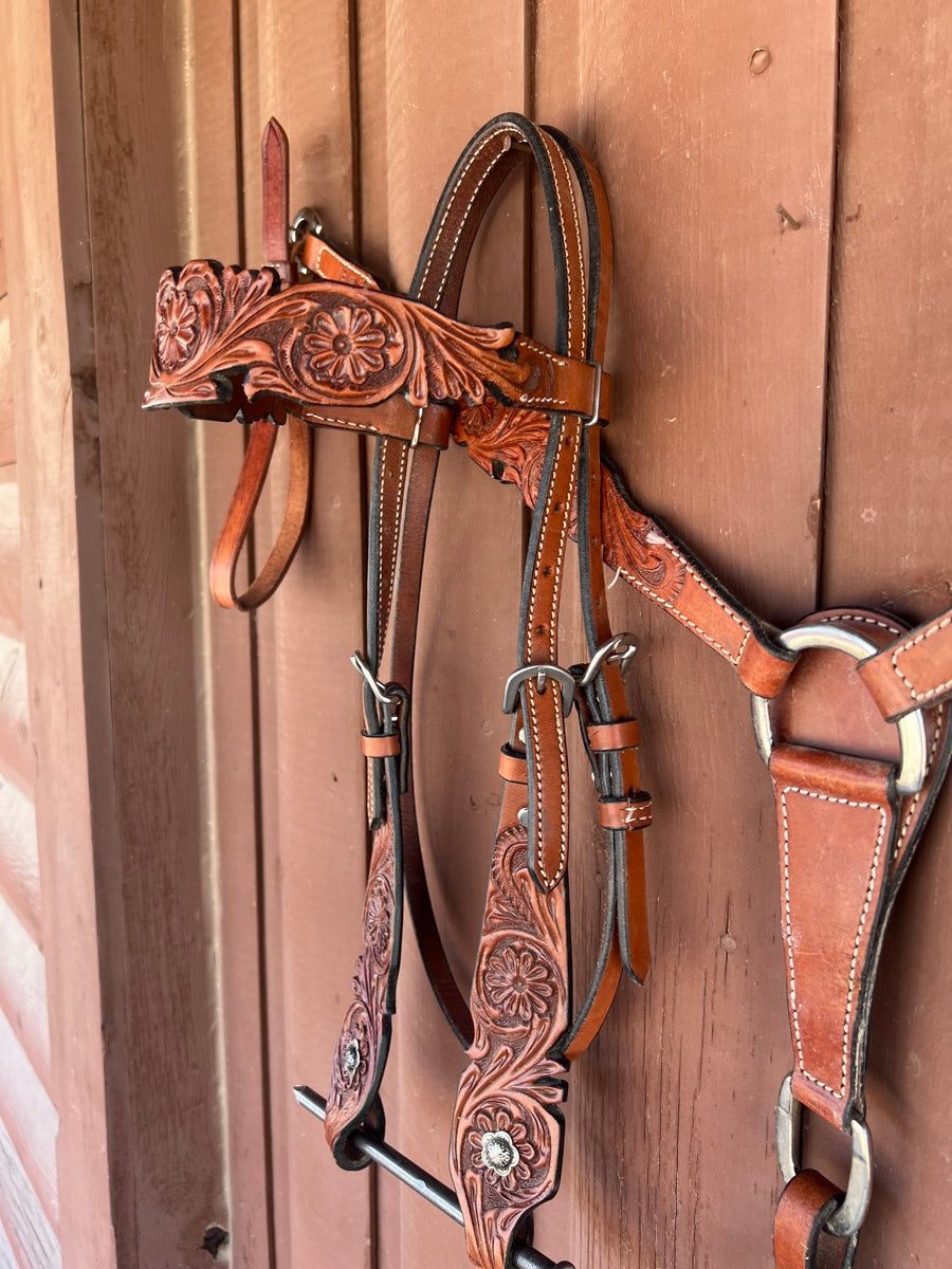 Carved Tooled Leather Breast Collar and Headstall Set BCH1111
