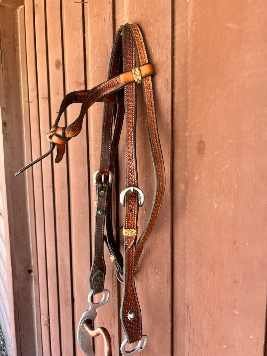 Reinsman Concho Shank Pro Cutter Curb Bit 771 with Headstall and Split Reins HBR1111