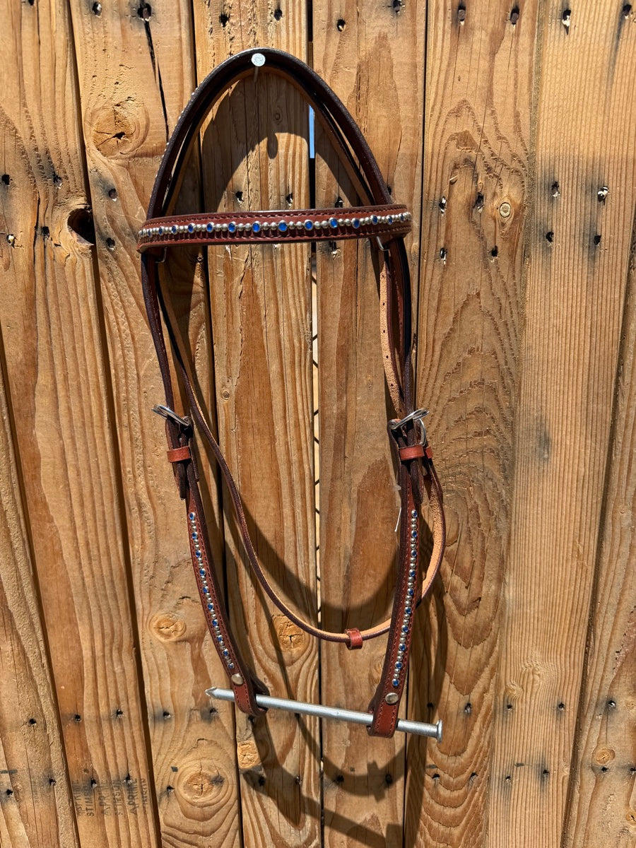 TackRUs Leather Browband Headstall Blue Gems and Silver Dots    HS1227