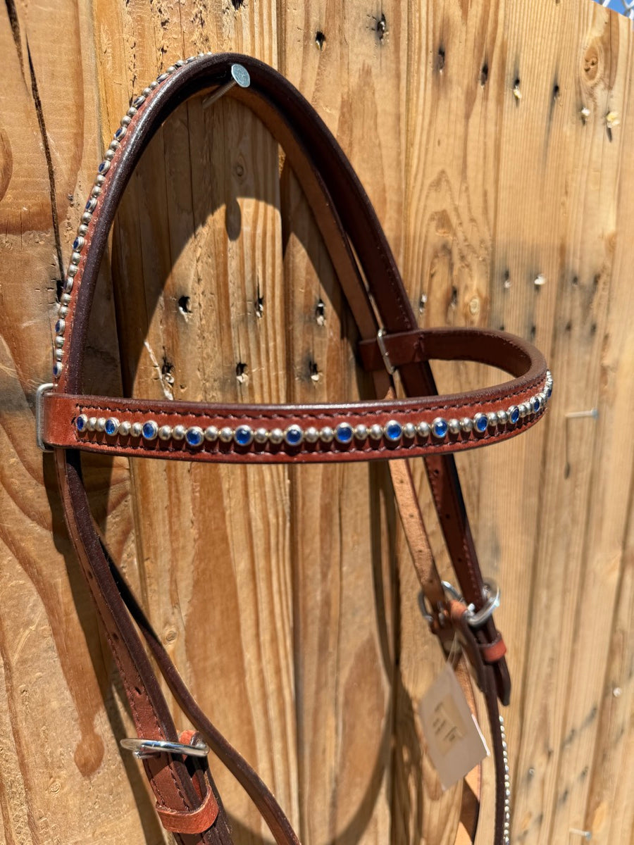 TackRUs Leather Browband Headstall Blue Gems and Silver Dots    HS1227