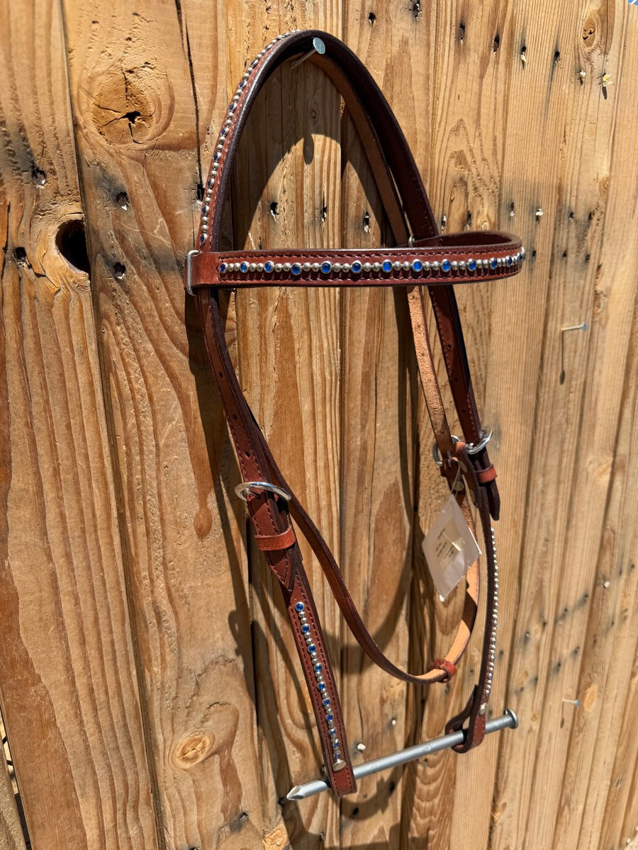 TackRUs Leather Browband Headstall Blue Gems and Silver Dots    HS1227