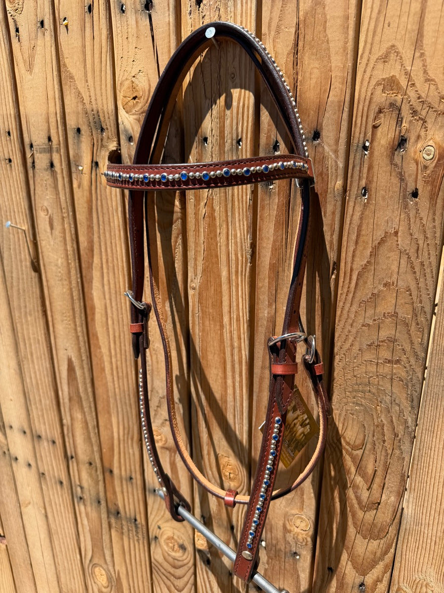 TackRUs Leather Browband Headstall Blue Gems and Silver Dots    HS1227
