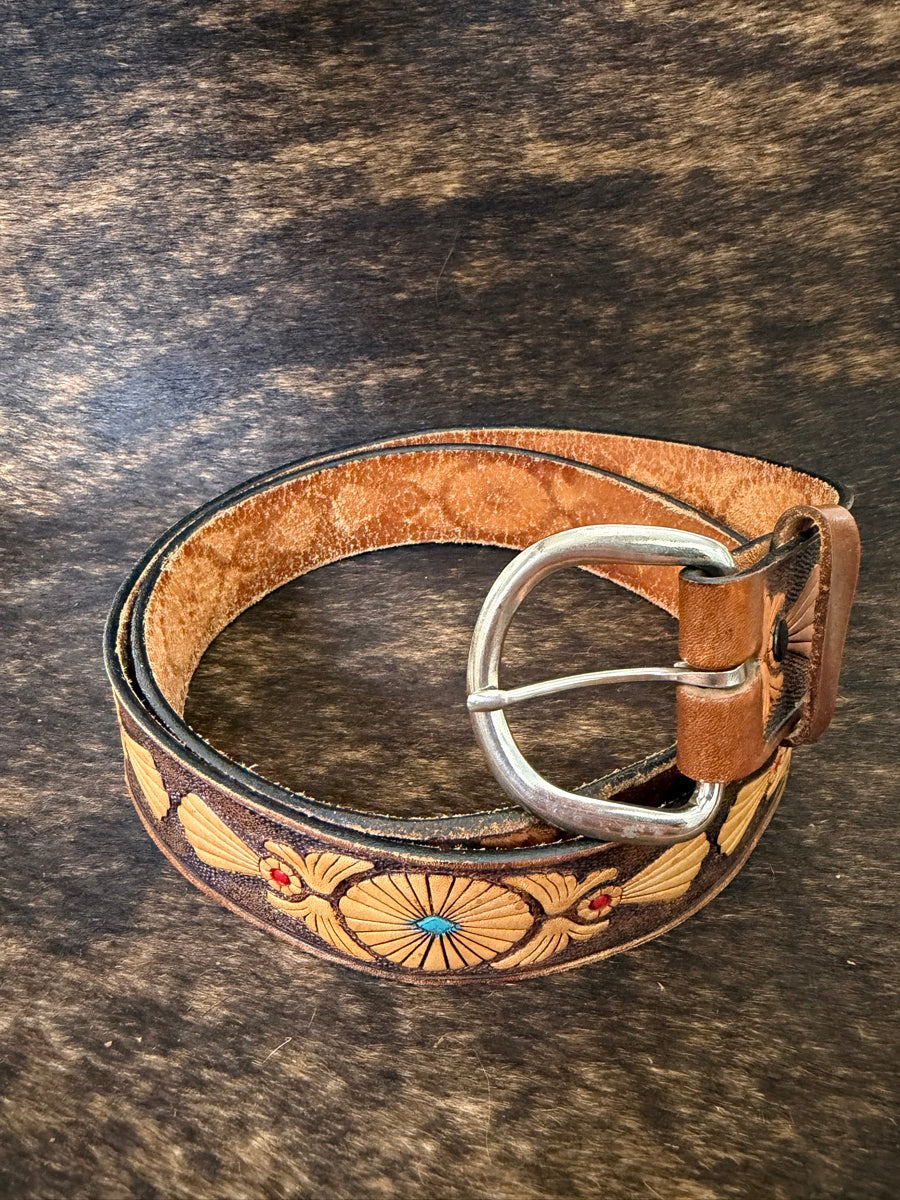 36 in. Leather Western Belt Turquoise Red Accents     AC1116