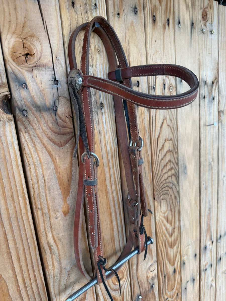 Leather Browband Headstall with 2 Buckles and Conchos    HS1229