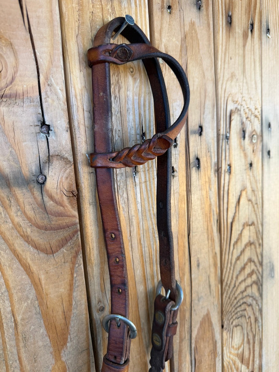 Single Ear Miracle Braid Leather Headstall Pineapple Knot Bit Connection    HS1238