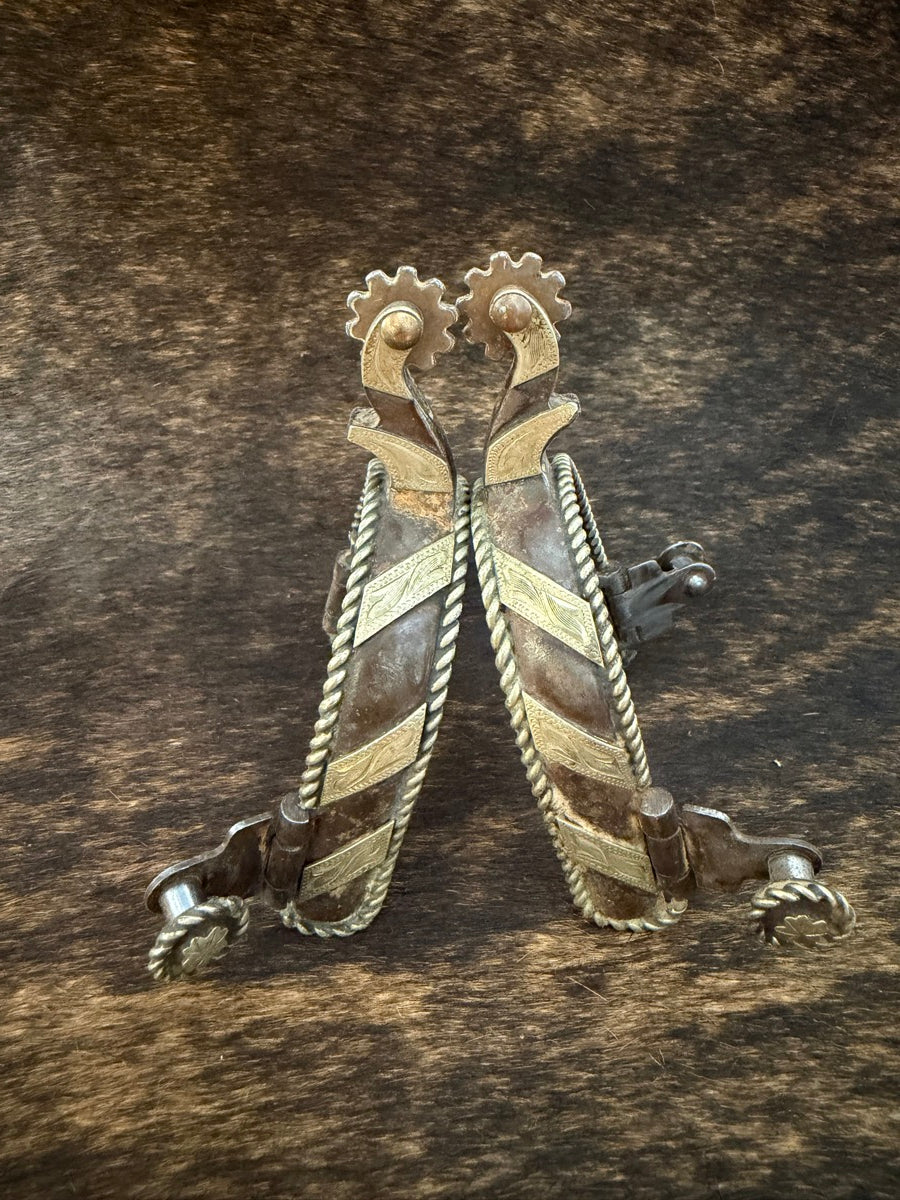 Brown Steel Western Spurs with Etched Silver Overlay     SPR1149