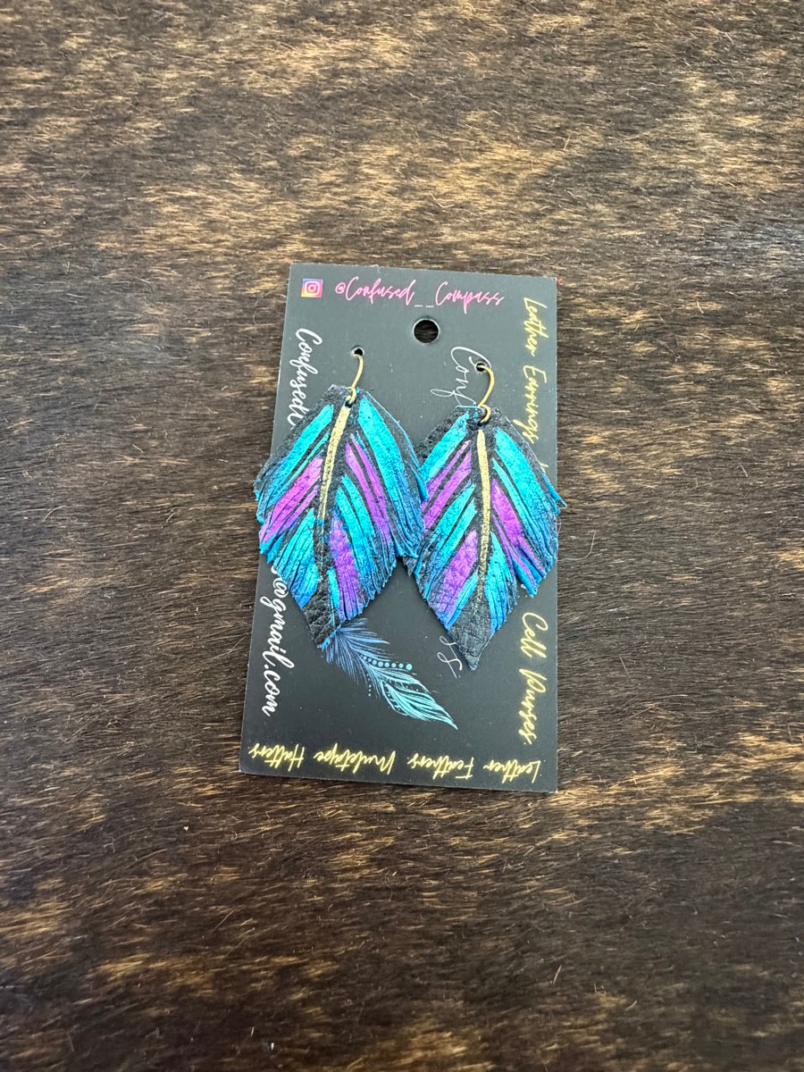 Hand Painted Leather Feather Earrings          CC1111