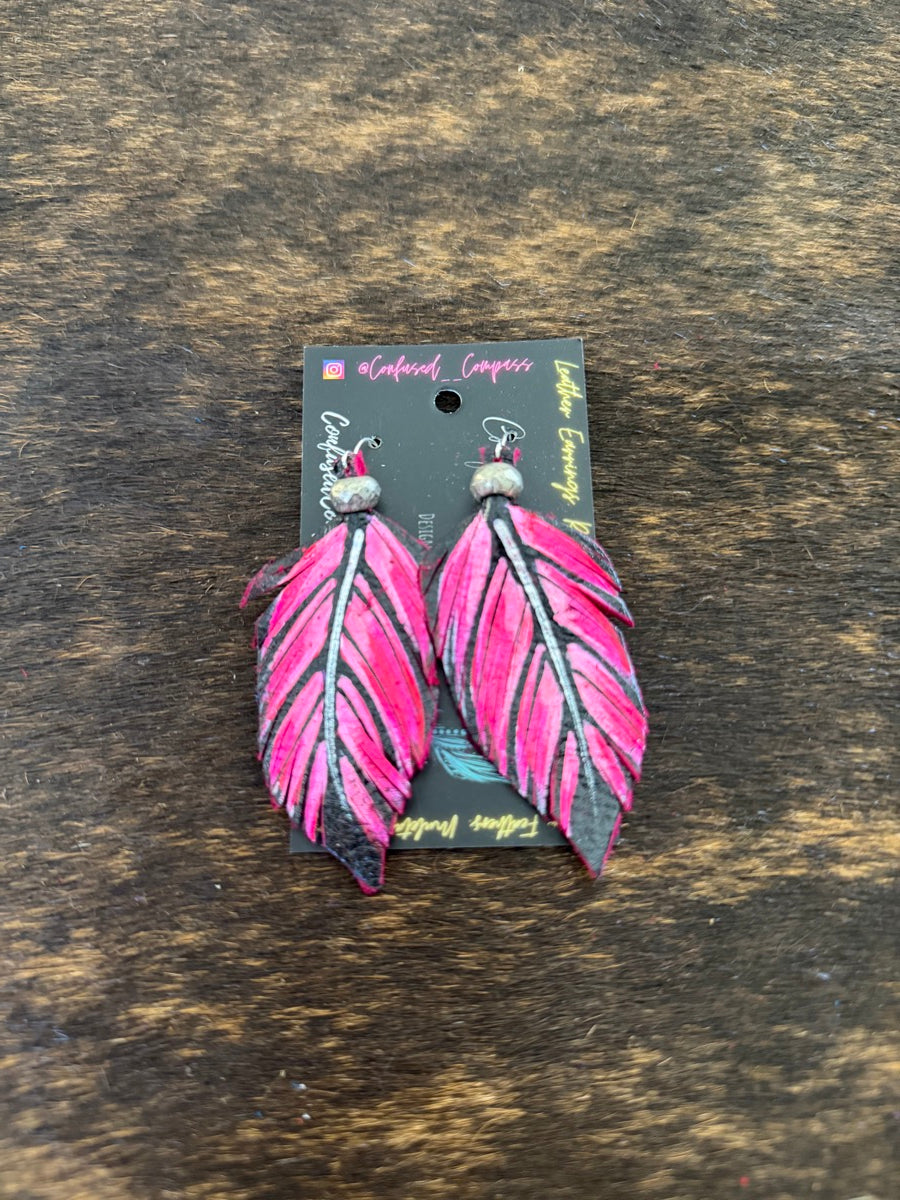 Hand Painted Leather Feather Earrings          CC1111
