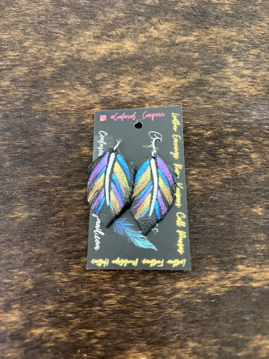 Hand Painted Leather Feather Earrings          CC1111