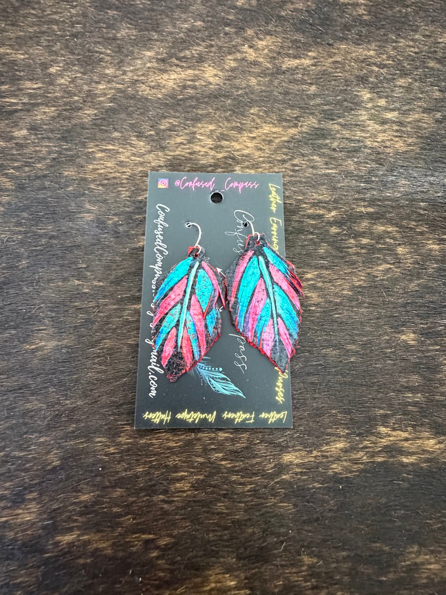 Hand Painted Leather Feather Earrings          CC1111