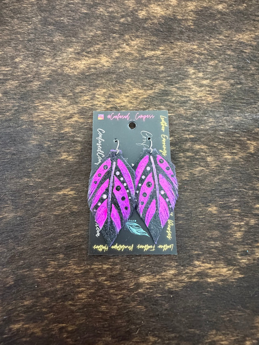 Hand Painted Leather Feather Earrings          CC1111