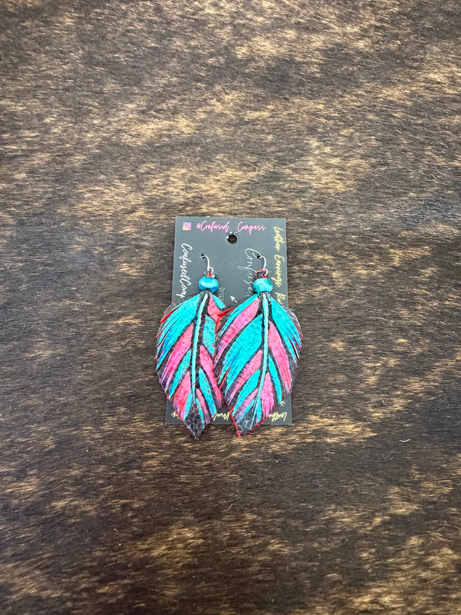 Hand Painted Leather Feather Earrings          CC1111