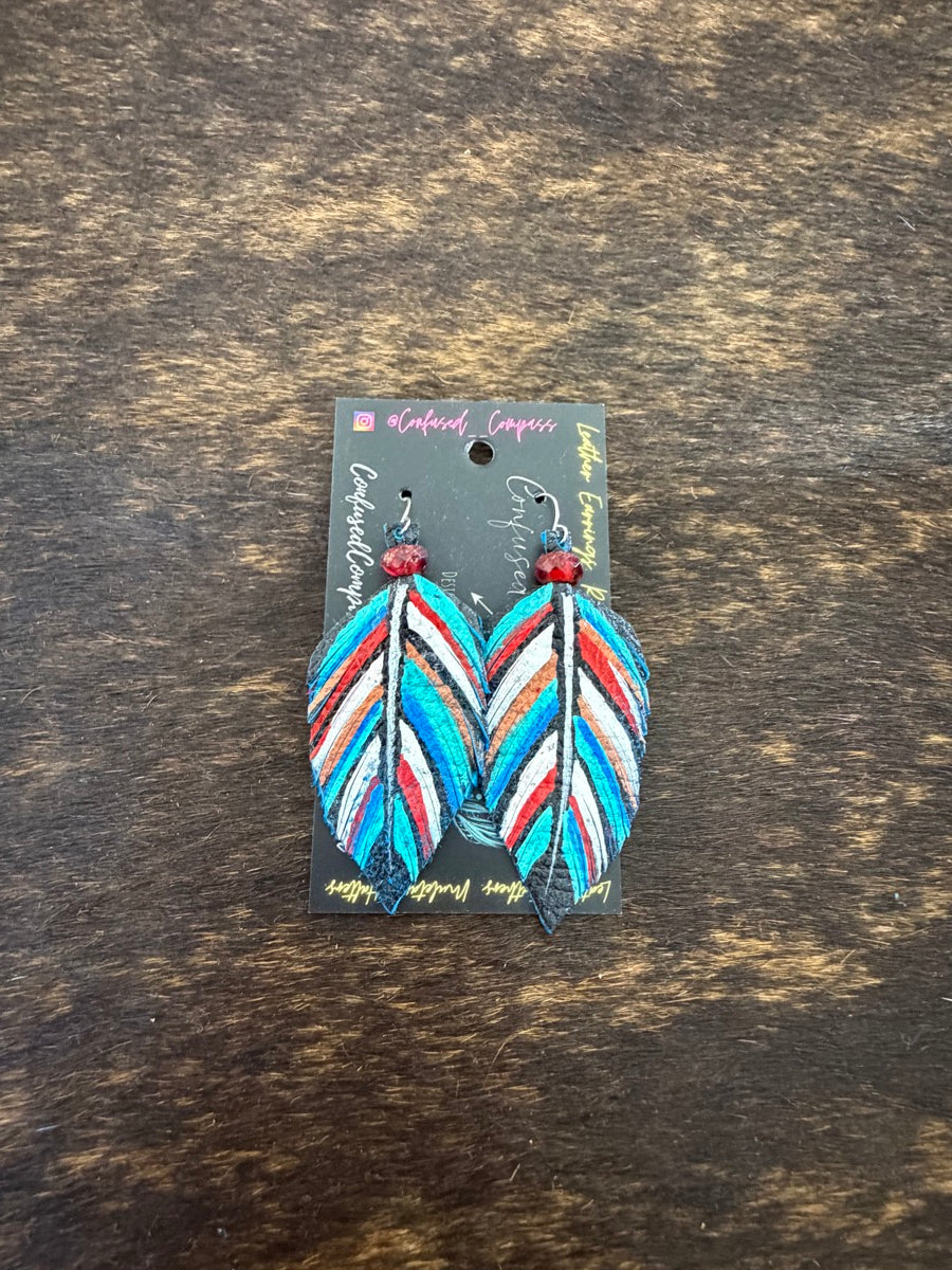 Hand Painted Leather Feather Earrings          CC1111