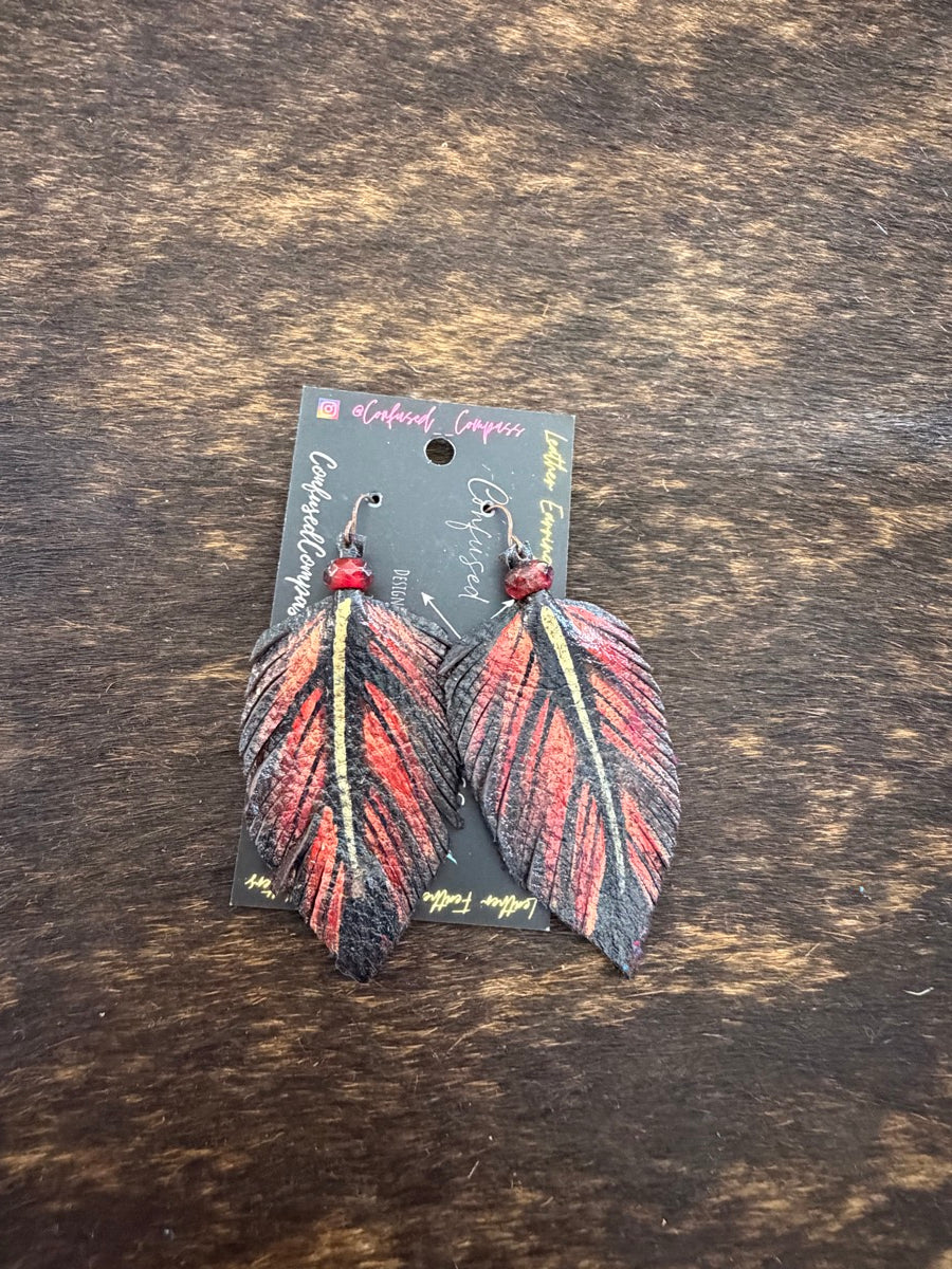Hand Painted Leather Feather Earrings          CC1111