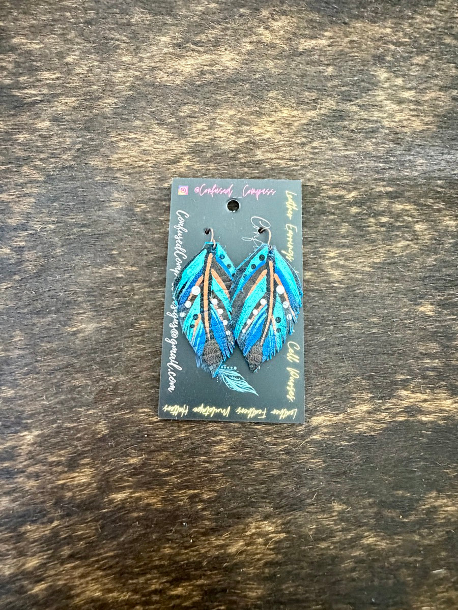 Hand Painted Leather Feather Earrings          CC1111